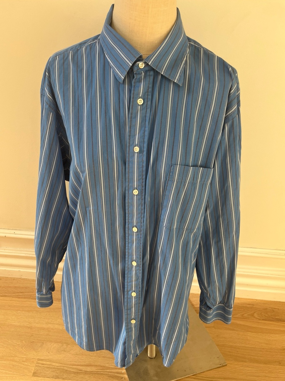 Vintage Burberry London made in USA Blue White Vertical Stripe Button-Down Shirt